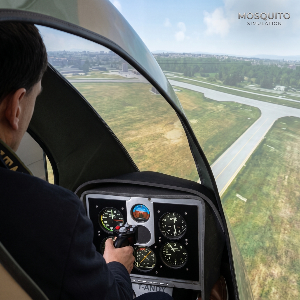 Cockpit del simulatore di elicottero Mosquito durante un avvicinamento di giorno